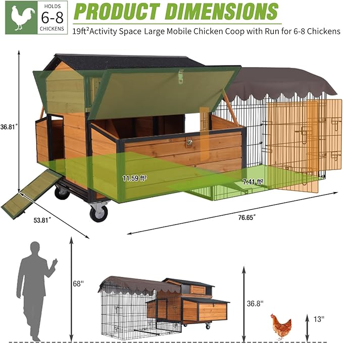 Extra Large Mobile Chicken Coop with Run, Portable Chicken Tractor with Wheels, 76.7" L Hen House Poultry Cage with All-Around Iron Frame, Metal Sliding Tray, 6 Nesting Boxes for 6-8 Chickens