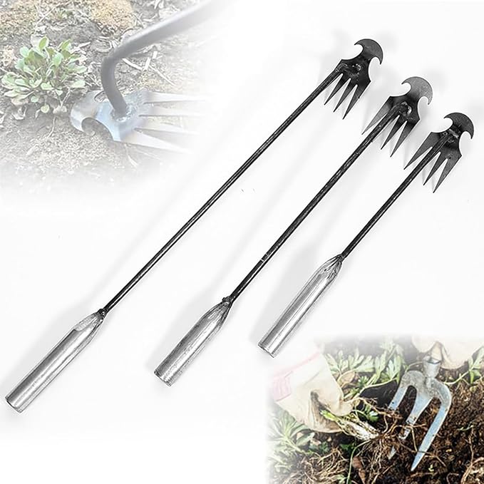 Weed Puller Tool, Weeding Artifact Uprooting Weeding Tool, Garden Weeder Tool 4 Teeth Manganese Steel Forged, Weed Master Weeding Tool, Weed Removal Tool for Vegetable Backyard Farm (Silver-3pcs)