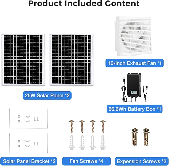 Solar Exhaust Fan, Solar Powered Vent Fan Kit for Outside Greenhouse Shed Chicken Coop (10" Fan with Battery)