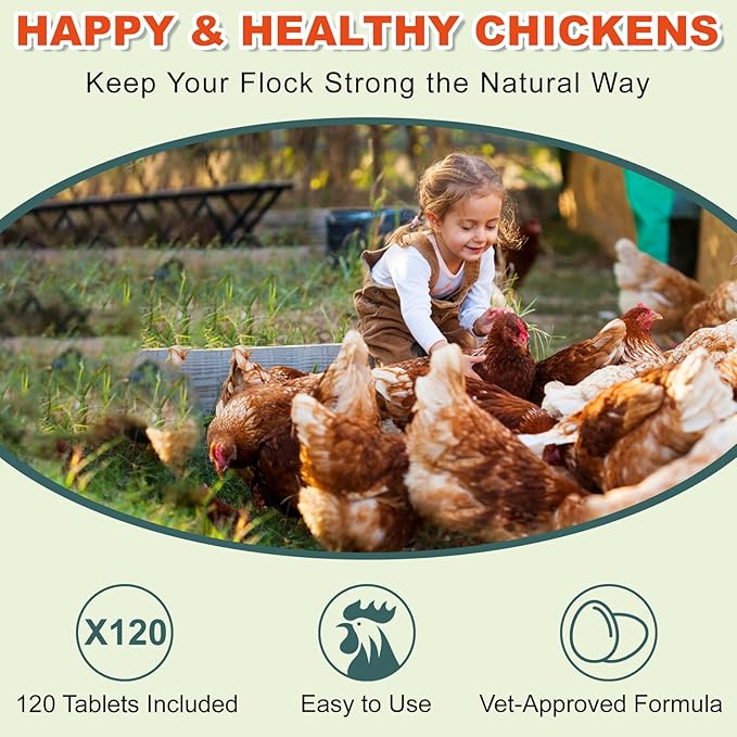 Chicken Gut Health Supplement – Natural Herbal Formula for Chickens, Chicks, Roosters & Turkeys, Supports Digestive Health & Internal Balance, Safe for Layers & Egg Production, 120 Easy-Feed Tablets