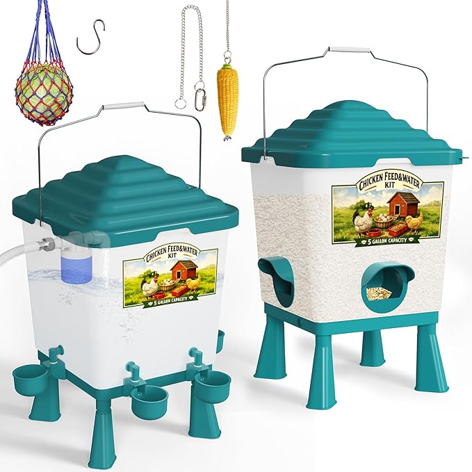 Automatic Chicken Feeder and Waterer Set, Chicken Coop Accessories - 5 Gallon Poultry Nipple Waterer with Stand, Easy Top Fill Chick Feeder (Blue)