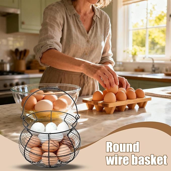 Wire Egg Gathering Basket - Farmhouse Metal Storage Holder, Vintage Chicken Coop Carrier with Wooden Handle Grip | Fresh Eggs Gatheringg Baskett for Kitchen Pantry Decor