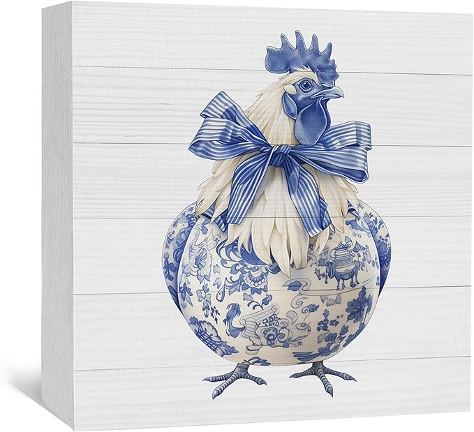 Blue and White Chinoiserie Chicken Wooden Signs, Grand Millenial Bow Blue Floral Home Decor Signs, Chinoiserie Porcelain Desk Decorations, Farmhouse Chicken Animal Kitchen Bathroom Decor