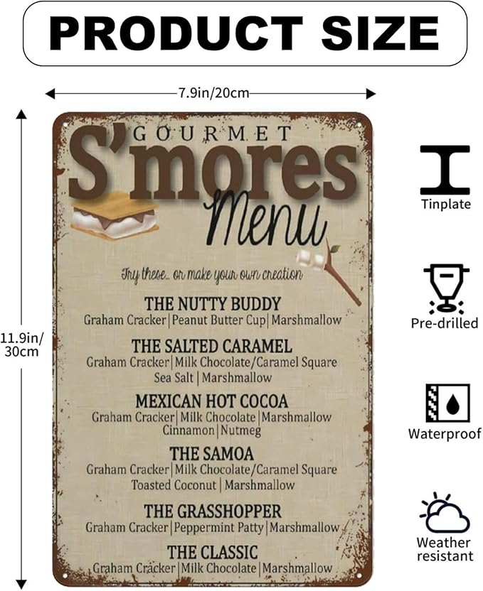 S'Mores Bar Menu,S'Mores Wedding Bar Vintage Tin Sign Camping Party Metal Sign Retro Wall Decor Gift Plaque Tin Sign For Home Cafes Pub Club Office Store,8x12 inches