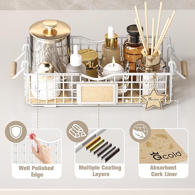 Bathroom Organizers and Storage, 4 Pack Storage Baskets for Shelves, Multipurpose Bins Organizer with Wooden Handles, Decorative Organizer Baskets Set for Bathroom, Laundry, Living Room - White
