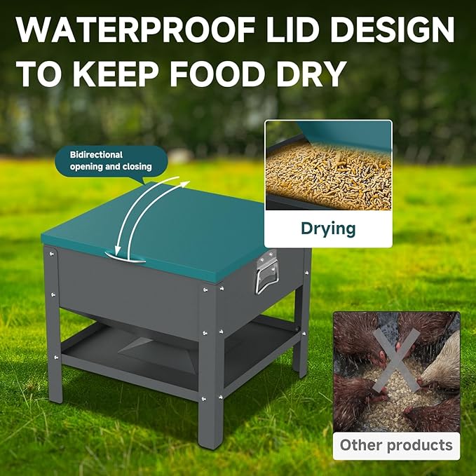 Metal Chicken Feeding Box, 80 lbs Large Capacity Portable, Waterproof Lid, Hens and Roosters, No Waste Coop Poultry, Galvanized Steel Feeder Standing for Chickens (Green)