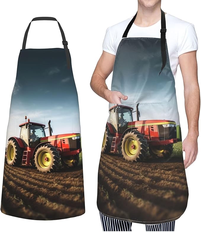 Tractor farm Cooking Aprons for Women Men Waterproof Bib Apron with Pockets Adjustable Kitchen Chef Apron