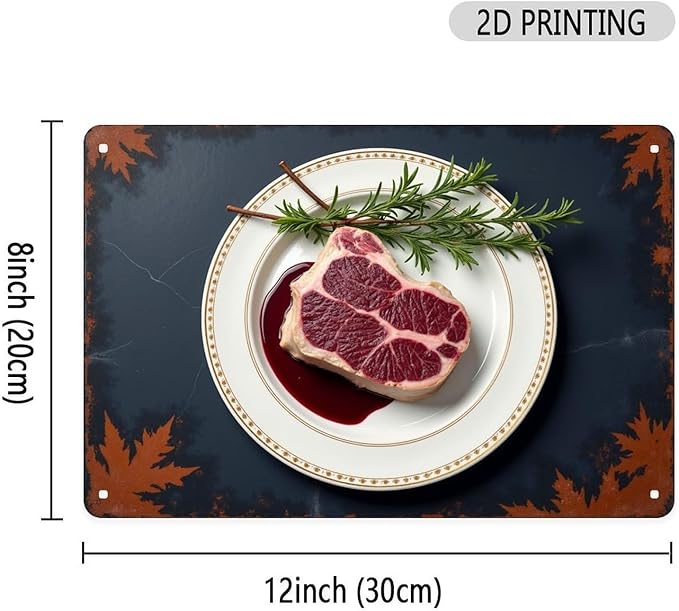 Delicious Steak with Rosemary Tin Sign Vintage Food Metal Sign Print Aesthetic for Garden Yard Bar Porch Home Bedroom Kitchen Wall Decor Gift 8 X 12 in