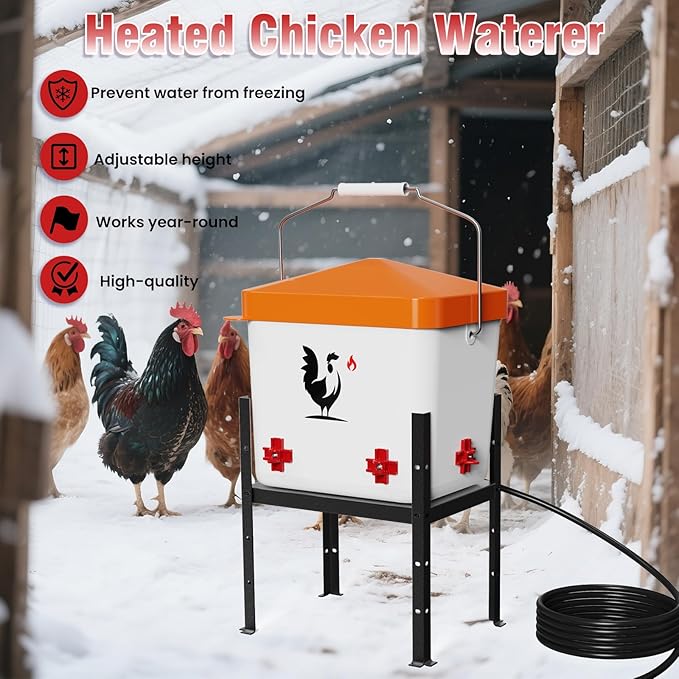 Heated Chicken Waterer, 1.8 Gallons Chickens Poultry Waterer with Nipples, Height Adjustable & Detachable Stand, All-Season Chicken Coop Waterers, Chicken Water Heater (7L, Orange Cover)