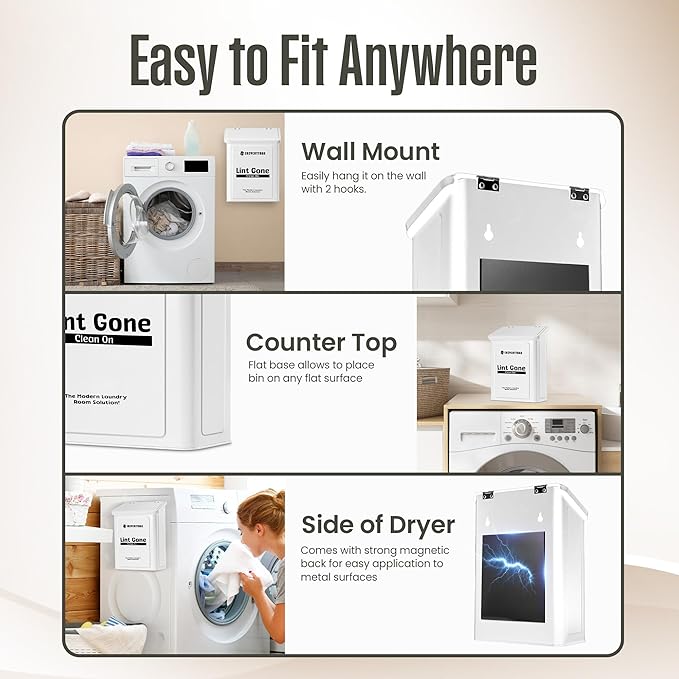 COZYCOTTAGE Magnetic Lint Bin for Laundry Room with Dryer Lint Brush - Slim Wall Mounted Trash Can with Lid - Modern Farmhouse Storage Organizer & Debris Collector - Space-Saving White Metal Holder