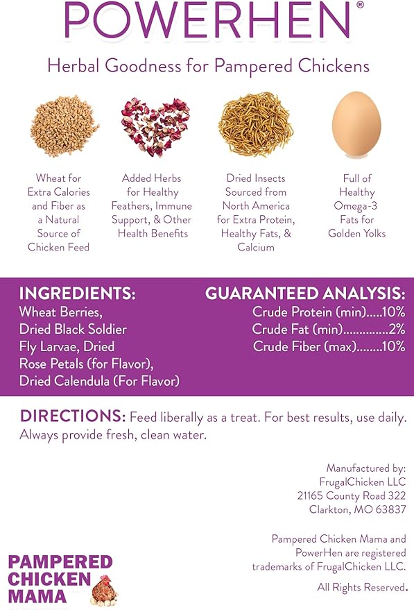 Backyard Chicken High Protein Herbal Treat with Dried River Shrimp, Black Soldier Fly Larvae, Mealworms, Basil, Hibiscus Flowers, Rose Petals (PowerHen) (8 pounds)