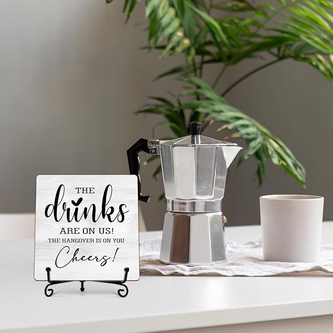 Funny Bar Sign, Wedding Gifts for New Couple Colleagues Friends Family, 5 Inch Rustic Wooden Plaques for Bar Table Decor, The Drinks Are On Us Sign - A16