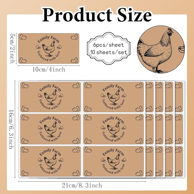 60Pcs 2" x 4" Chicken Egg Labels Rectangle Brown Self Adhesive Family Farm Egg Cartoon Stickers Packaging Tags for Box Container Business Farm Farmhouse Markets Shops Supplies