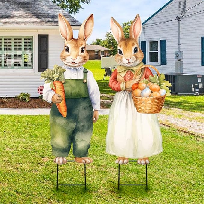 Easter Decorations Outdoor Yard Signs: 2pcs Large Metal Vintage Bunny with Carrot Eggs, Farmhouse Rustic Yard Decoration with Stakes, Lawn Garden Decor for Kids Family Home Outside Spring Easter Party