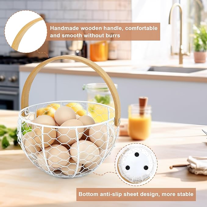 Wire Egg Basket for Gathering Fresh Egg Collecting Basket With Handle, Large Capacity Egg Holder Countertop, Metal Vintage Chicken Egg Basket for Farmhouse Kitchen Counter Decor Fruit Storage (White)