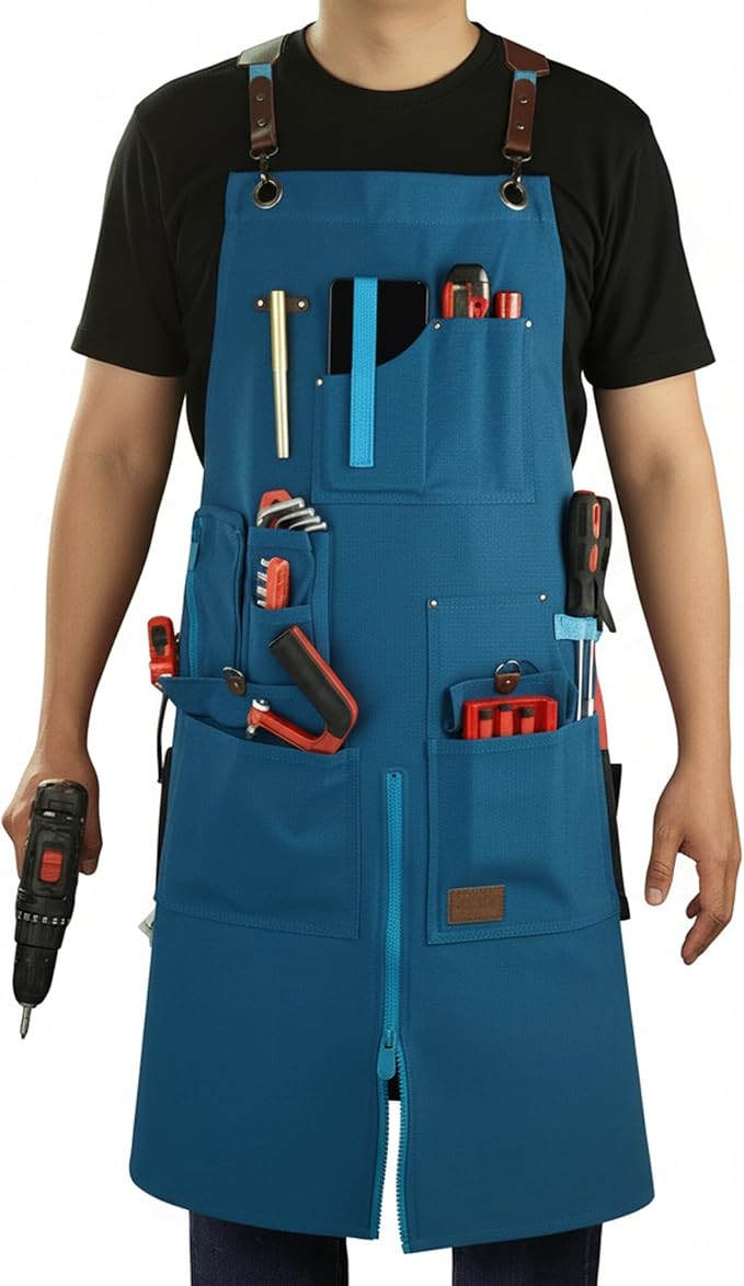 Woodworking Apron, Tool Apron, Canvas, Multiple Pockets, Adjustable Zipper, Metal Ring, Tape Measure Clip, Plus Size, Blue