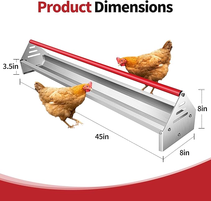 RYFT Chicken Feeding Trough 45", Heavy Duty Galvanized Steel Chicken Feeder with Red Crossbar, Holds 12 Chickens with Drainage Holes, Large Capacity Poultry Feeder Trough for Duck Geese Turkey Pigeon
