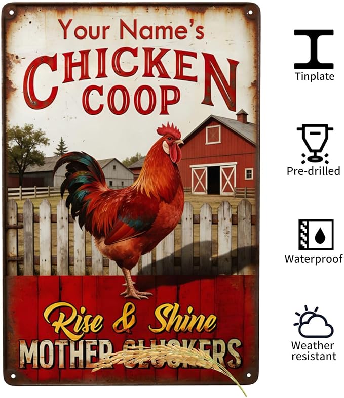 Custom Chicken Coop Sign Personalized Name Rise and Shine Funny Metal Tin Plaque Vintage Farm Decor Rooster Barn Wall Accessory