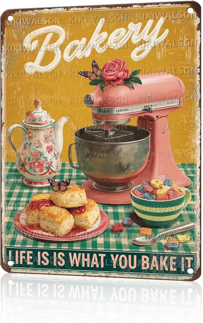 Retro Baking Metal Plaque Life Is What You Bake It Sign Farmhouse Wall Decor Aluminum Tin Sign Bread Pastry Art Kitchen Diner 12X16Inch