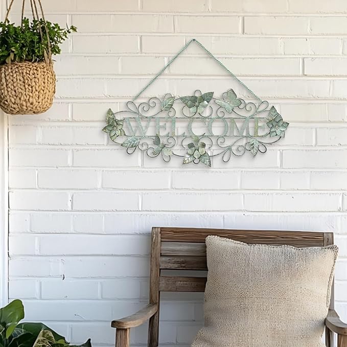 Queltharion Metal Welcome Wall Decor Rustic Farmhouse Distressed Flower and Butterfly Welcome Sign Hanging Decorative for Garden Porch Patio Yard Outdoor 23.5" L Green