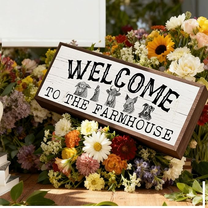 Farmhouse Wood Signs, Welcome to the Farmhouse Sign, Front Door Sign, Home Decor for Indoor Outdoor, Front Door Decors, Rustic Framed Wood Hanging Decor 9.5x3.1x1 inches