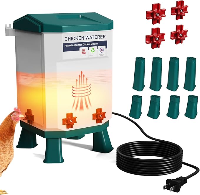 3-Gallon Heated Chicken Waterer for Winter, Chicken Water Heater with 4 No-Freeze Nipples, Easy-Fill Winter Hanging Chicken Waterer, Clean & Heated Chicken Water for Chickens, Birds