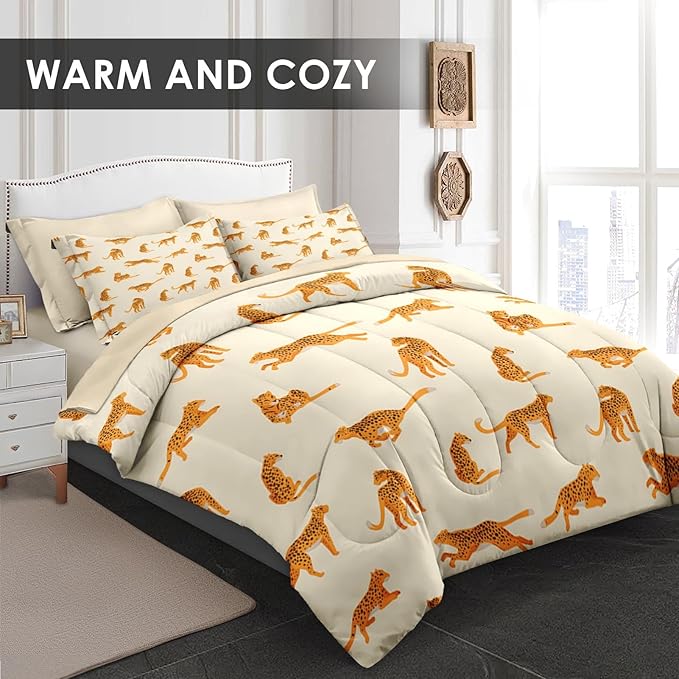 Comforter Set Queen Size, Leopard 7 Pcs Bedding for Kids and Adults, Cheetah Bedding Sets with Fitted Sheet 2 Pillowcases & 2 Shams for Bedroom Bed Decor