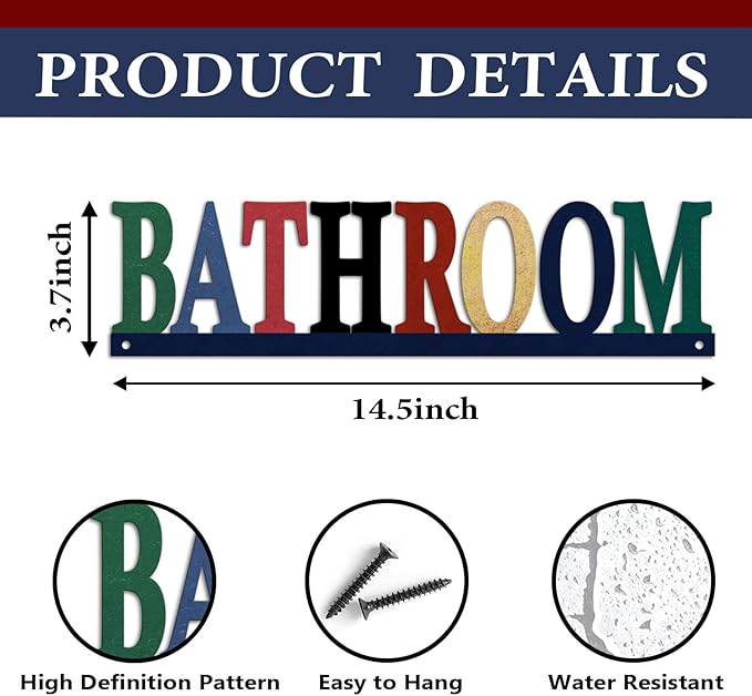 Rustic Metal Bathroom Sign, Bathroom Sign Door Decor, Pop Color Iron Letter Signs for Farmhouse Wall Decor, 14.5x3.7 inches