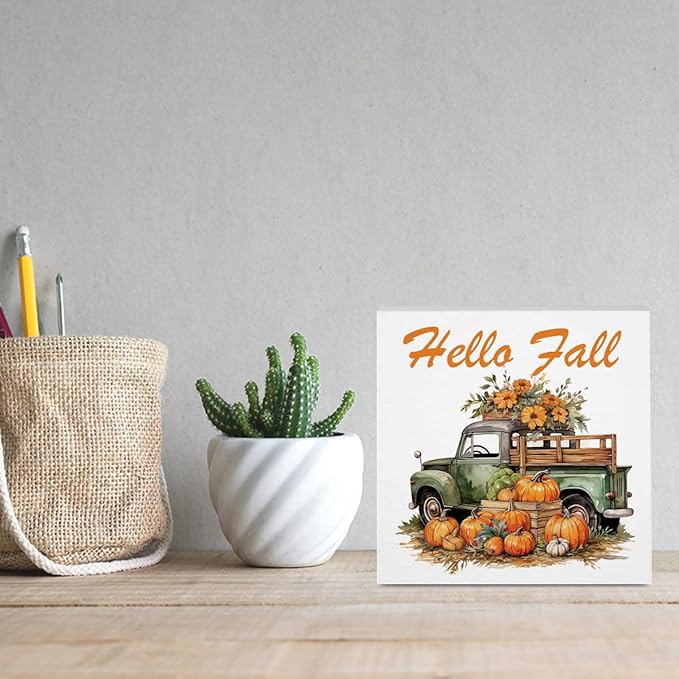Fall Decorations for Home Farmhouse Office Bedroom Kitchen, Pumpkins Truck Decor, Hello Fall Sign, Autumn Decor Wood 2401