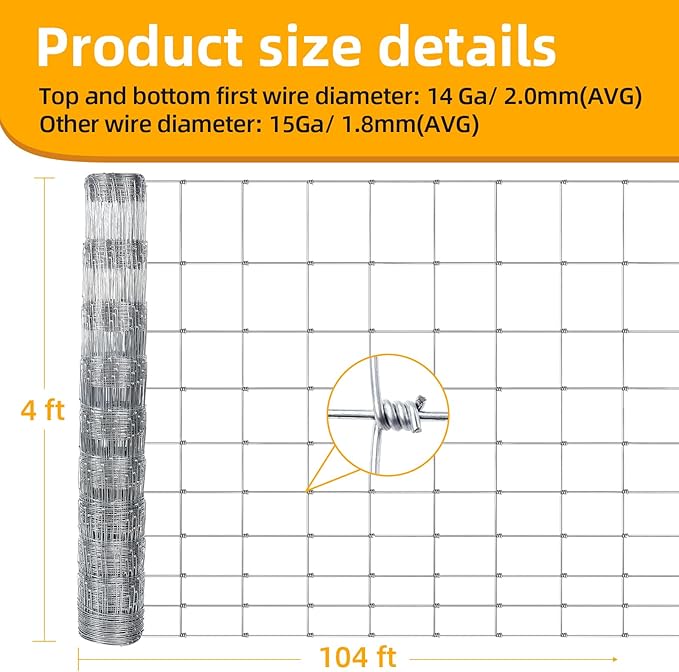 4ft x 104ft Galvanized Farm Fence, Fixed Knot Woven Wire Fence 16Ga, for Sheep Dog Panel Plant Garden Flower Bed and Field Protection