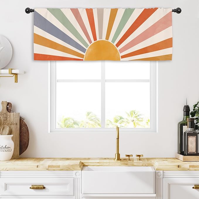Miyotaa Sun Pastel Kitchen Curtain Valance 54W x 18H Rod Pocket Vintage Retro Colorful 70s Sunrise Sunset Window Treatment for Living Room Bedroom Bathroom Party