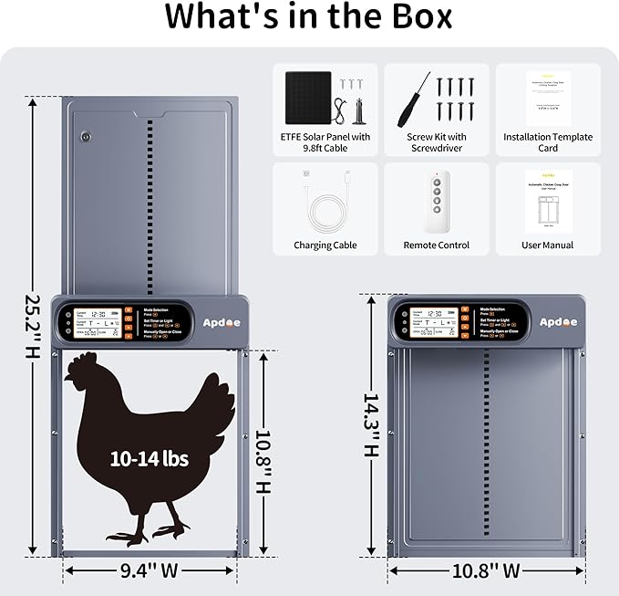 Automatic Chicken Coop Door Solar Powered with Timer, Light Sensor, Remote Control, Anti-Pinch, Waterproof, Aluminum Coop Door, 4 Auto Modes, Comfort Larger Size Duck Chicken Turkey House Door