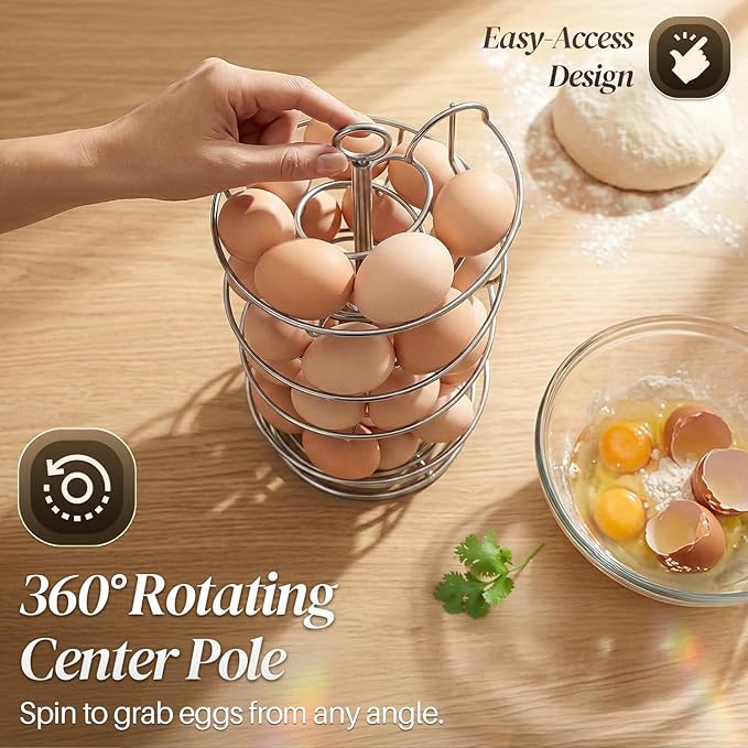Flexzion Spiral Egg Rack for Fresh Eggs - Sturdy Silver Metal Egg Skelter Countertop Egg Holder with Bottom Basket and 360-Degree Rotatable Middle Pole Up to 36-Egg Capacity, Egg Storage Rack Solution