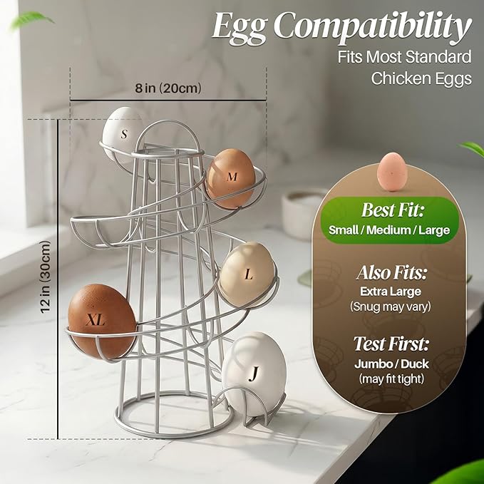 Flexzion Egg Skelter Modern Spiral Egg Holder Countertop (Medium Egg Display) - Freestanding Wired Countertop Egg Holder for Fresh Eggs, Dispenser Stand, Storage Rack for Kitchen, Silver