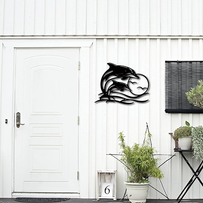 CREATCABIN Dolphin Sunset Metal Wall Art Coastal Seagull Black Iron Wall Silhouette Decor Modern Abstract Hanging Sculpture Ornament Art Plaque for Hotel Bedroom Housewarming Gifts 11.8 x 9 inch