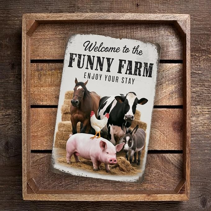 Funny Farm Welcome Sign – Rustic Animal Wall Decor With Horse, Cow, Chicken, Donkey & Pig – Vintage-Style Farmhouse Humor Art 8x12