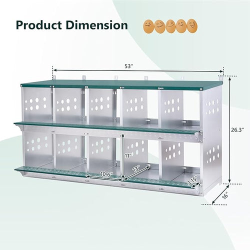 10 Bay Metal Nesting Box, Galvanized Steel Wall Mount Chicken Nest for Hens & Ducks, Large Capacity Poultry Laying Box with Ventilation & Removable Pad, Easy Assembly & Cleaning (Green)