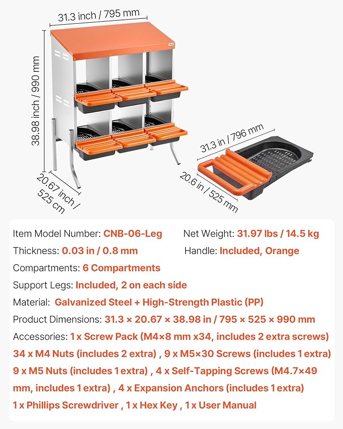 VEVOR Chicken Nesting Boxes, 6 Compartments, with Support Legs, Easy Egg Collection, Galvanized Steel and High-Strength Plastic, Roll Away Nesting Boxes for Chickens and Hens Laying Eggs, Orange