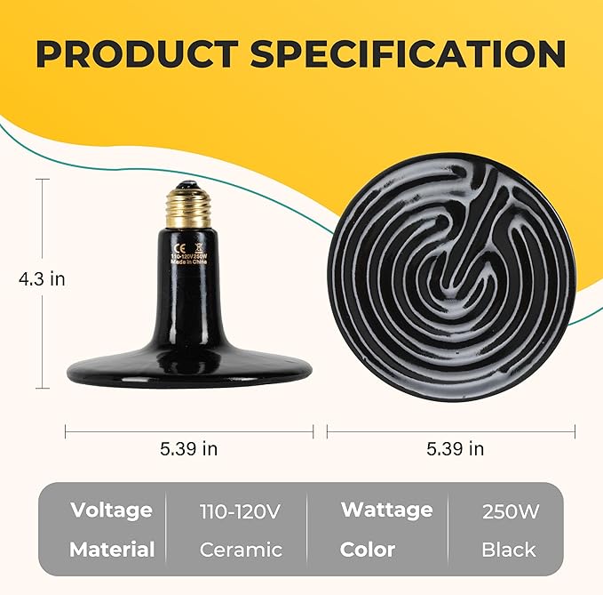 Ceramic Heat Emitter, 250W Reptile Heat Lamp, No Light Emitting Turtle Heater, Efficient Heating Solution for Aquariums, 2 Pack for Optimal Temperature Control