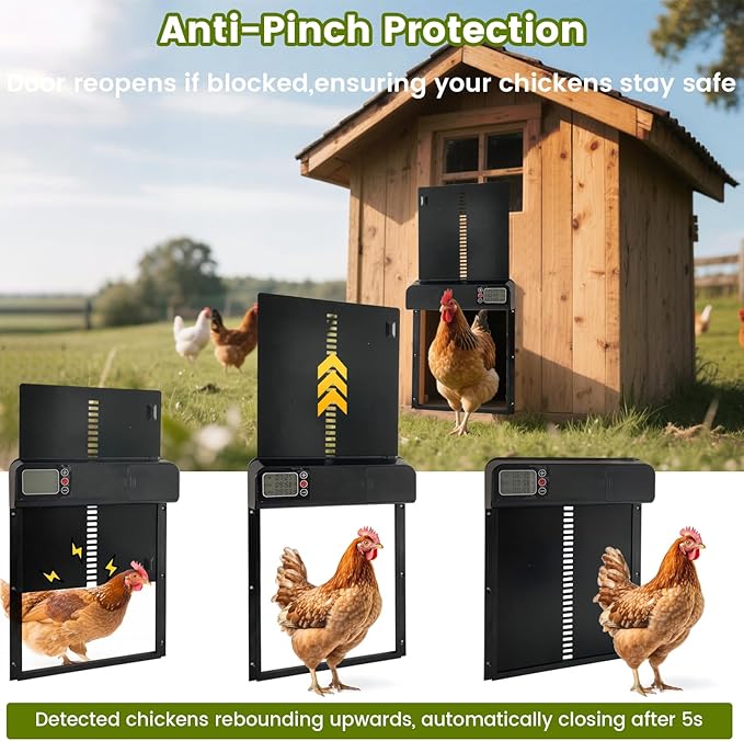Automatic Chicken Coop Door, Chicken Automatic Door with Manual & Timer Mode, Anti-Pinch Automatic Chicken Door, Aluminum Alloy & LCD Screen