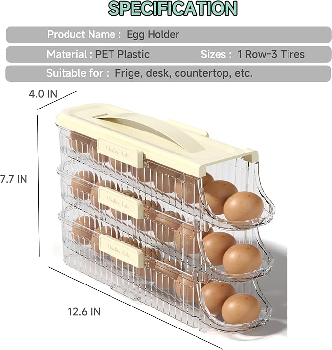 Egg Holder for Fridge Automatic Rolling, Egg Storager Container Organizer Dispenser for Refrigerator Stackable Removable Inner Tray, Egg Accessories (Clear, 1 Row-3 Tiers)