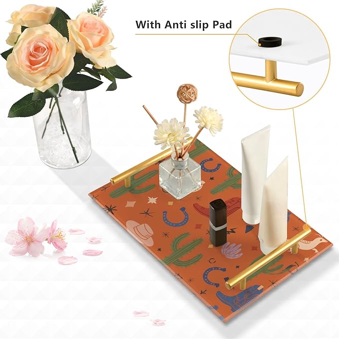 Bathroom Vanity Tray Counter Organizer, Western Desert Elements Pattern Decorative Tray with Handles Countertop Storage for Bathroom Bedroom Kitchen Home Farmhouse