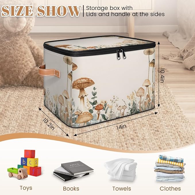 Mushroom Flower Storage Bins With Lids Fabric Collapsible Storage Box with Leather Handles for Home Bedroom Foldable Closet Shelf Organizer