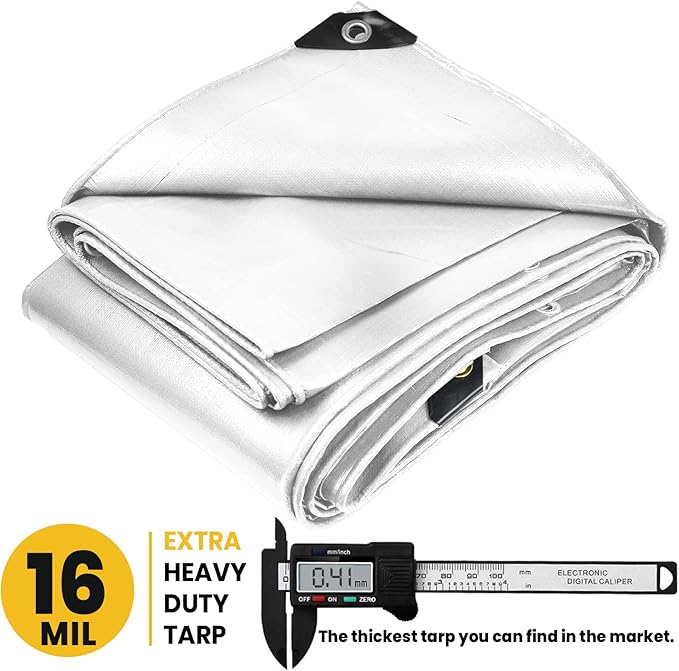 PROTARP Extra Heavy Duty 16 Mil Tarp Cover, Waterproof, UV Resistant, Rip and Tear Proof, Poly Tarpaulin with Reinforced Edges for Roof, Camping, Patio, Pool, Boat. (White 24′ X 30′)