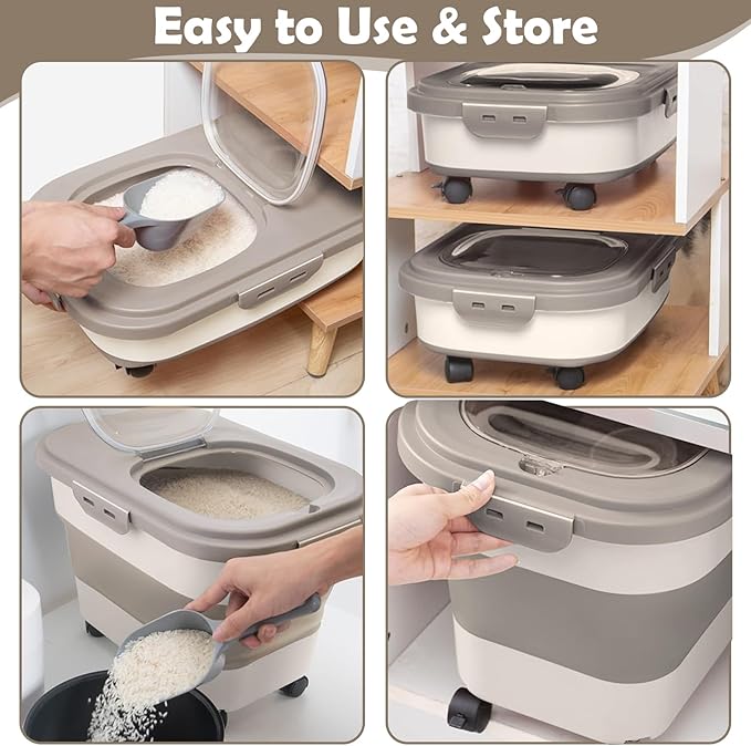 Dog Food Storage Container, 20Lbs Rice Storage Container Dispenser, Airtight Large Pet Cat Food Bin with Wheels, Scoop & Measuring Cup, Collapsible Kitchen Dry Food Holder for Four Sugar Cereal Kibble