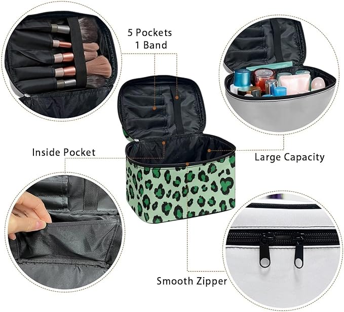 Travel Makeup Bags for Women Portable Tote Cosmetic Case with Carry Handle Toiletry Accessories Storage Organizer Bags, Leopard Green