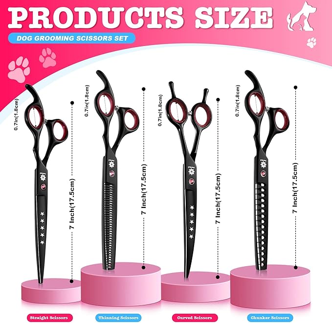 Dream Reach Dog Grooming Scissors - 7" Professional 6 in 1 Sharp Dog Shears Set Thinning, Chunker, Straight, Curved Shears and Comb for Dog Cat Pet, Pink