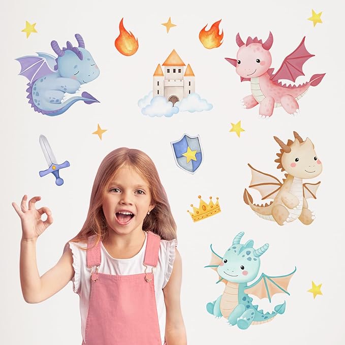Mfault Baby Dragon Wall Decals Stickers, Cartoon Castle Crown Sword Shield Decoration Nursery Kids Bedroom Art, Fire Stars Cloud Toddler Girls Boys Playroom Living Room Home Decor