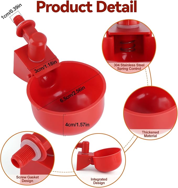 Kalolary Automatic Chicken Waterer Cups, 12 Packs Tee Fittings Poultry Drinking Cups for Chick, Bunny, Goose,Duck,Turkey,Professional Poultry Water Container Come with Hole Open Drill Bit (Red)