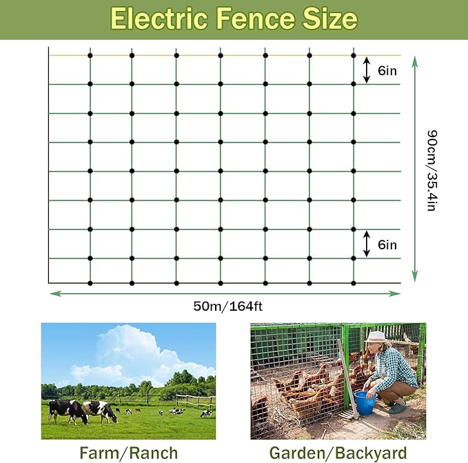 Solar Electric Fence for Poultry, 164'L x 35.4" H Electric Anti-Predator Poultry Fence, Electric Animals Netting, 14 Posts Double Spiked, for Goats, Sheep, Hogs, Farms, Ranches